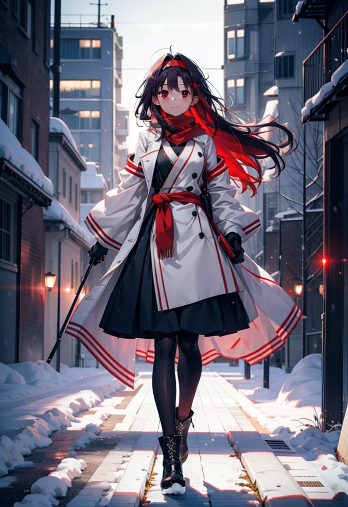 yuukikonno, Yuki Konno, hair band, Long Hair, Pointed Ears, Purple Hair, (Red eyes:1.5), (Small breasts:1.2),blush, smile,Open your mouth,white breath,scarf,Red long coat,V-neck sweater,Long skirt,Black Pantyhose,short boots,Fluffy gloves,Standing leaning against a wall,Snow is piling up,that&#39;it&#39;s snowing,whole bodyがイラスト入るように,Hiding in a roofed building,
break outdoors, construction area,
break looking at viewer, whole body,
break (masterpiece:1.2), Highest quality, High resolution, unity 8k wallpaper, (shape:0.8), (Beautiful attention to detail:1.6), Highly detailed face, Perfect lighting, Extremely detailed CG, (Perfect hands, Perfect Anatomy),