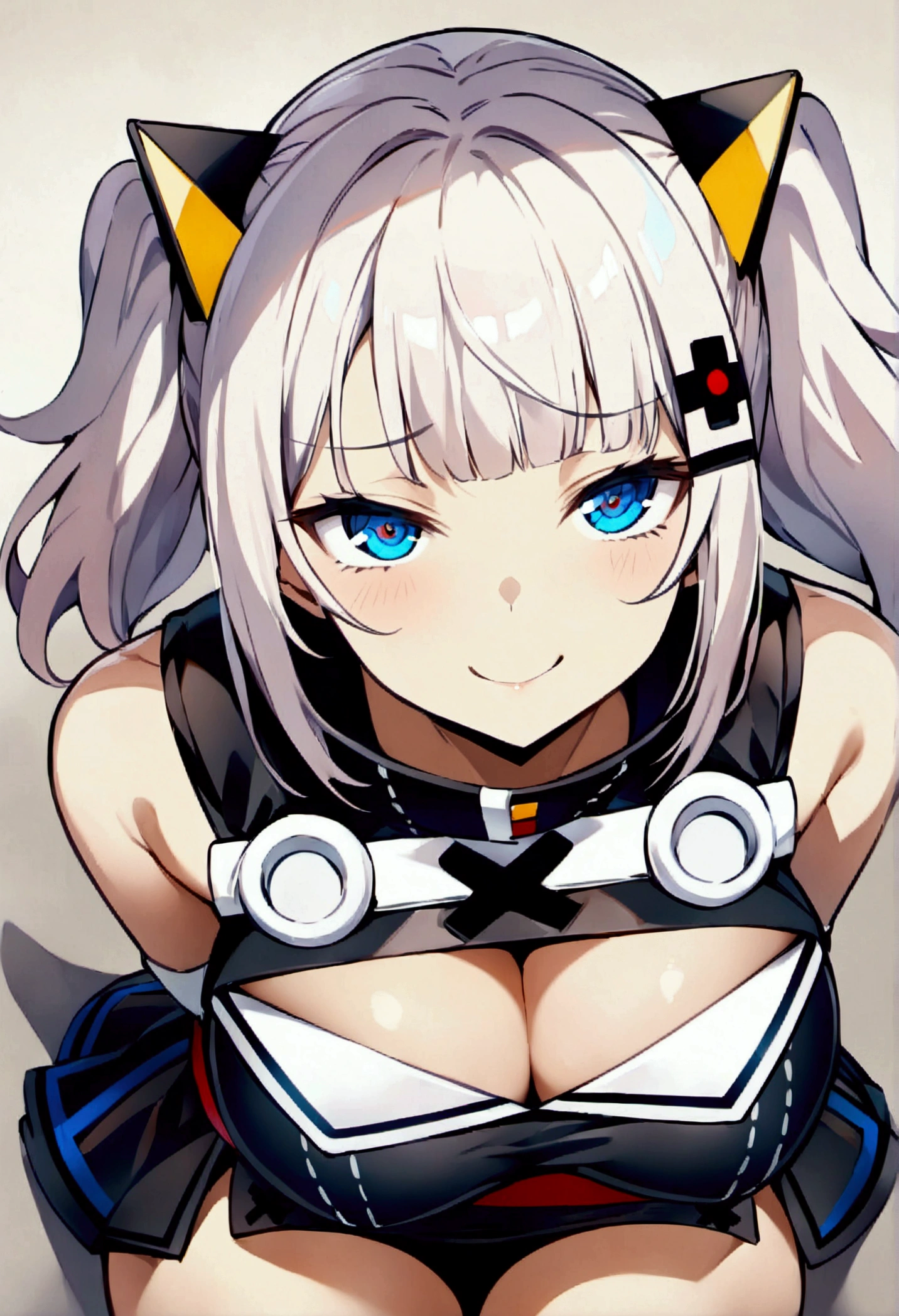 (score_9,score_8_up,score_7_up), (best quality, masterpiece) , perfect anatomy,,.official style, kaguya luna, very aesthetic, intricate, overall detail, 1 girl, upper cleavage,sash,large breast, black miniskirt, thighhighs, sitting, light smile, simple background, from above, straight-on, upperbody,(breast focus:1.2),self_shot , intricate, hyper-detailed, 100-layer, ultra-high resolution,smug,,