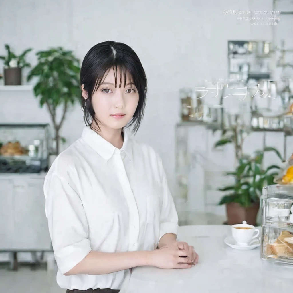 whiteroom, 1 person, Japanese woman, look at the camera, H~I cup, model's expression, silver ratio, cute, middle black hair, concept cafe clerk, erotic, eye color brown,