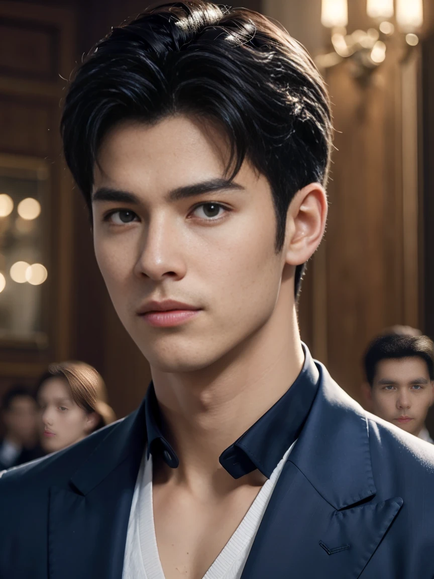 ((masterpiece)),((best quality)),8K,high detail,Very detailed, Very manly,3 men, like,fashion pose, Realistic skin texture, Light,
Royal blue style couple,Perfect hand details