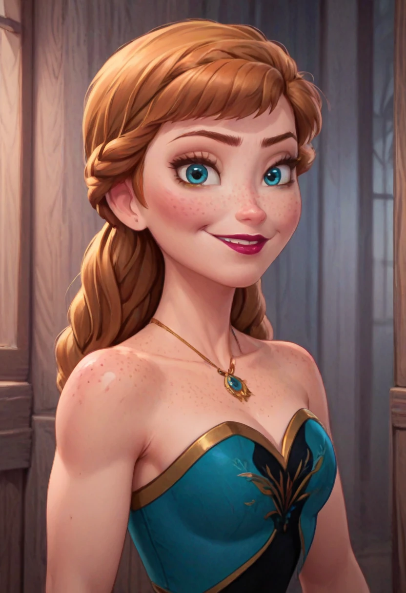 ((masterpiece, best quality)), Disney reference, (Anna), Anna smirks at viewer, lipstick, freckles on face, upper body: bare shoulders, skinny 