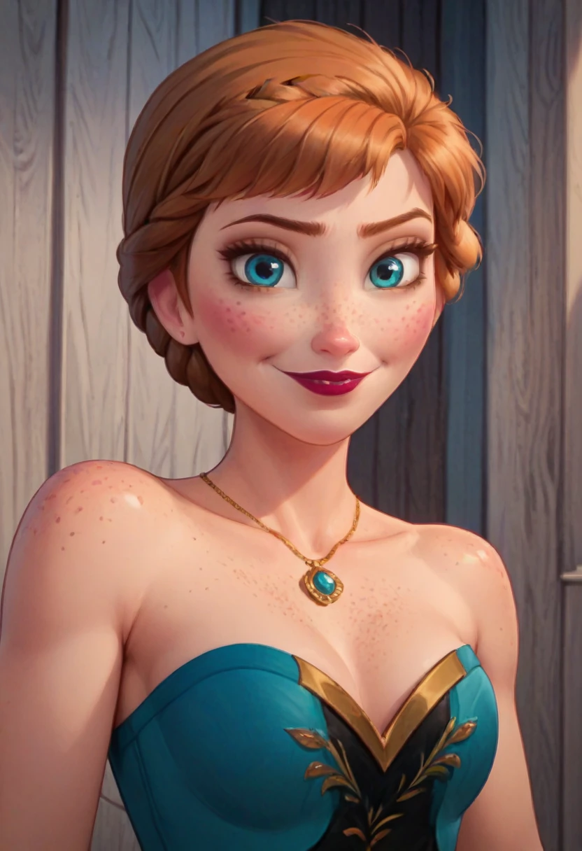 ((masterpiece, best quality)), Disney reference, (Anna), Anna smirks at viewer, lipstick, freckles on face, upper body: bare shoulders, skinny 