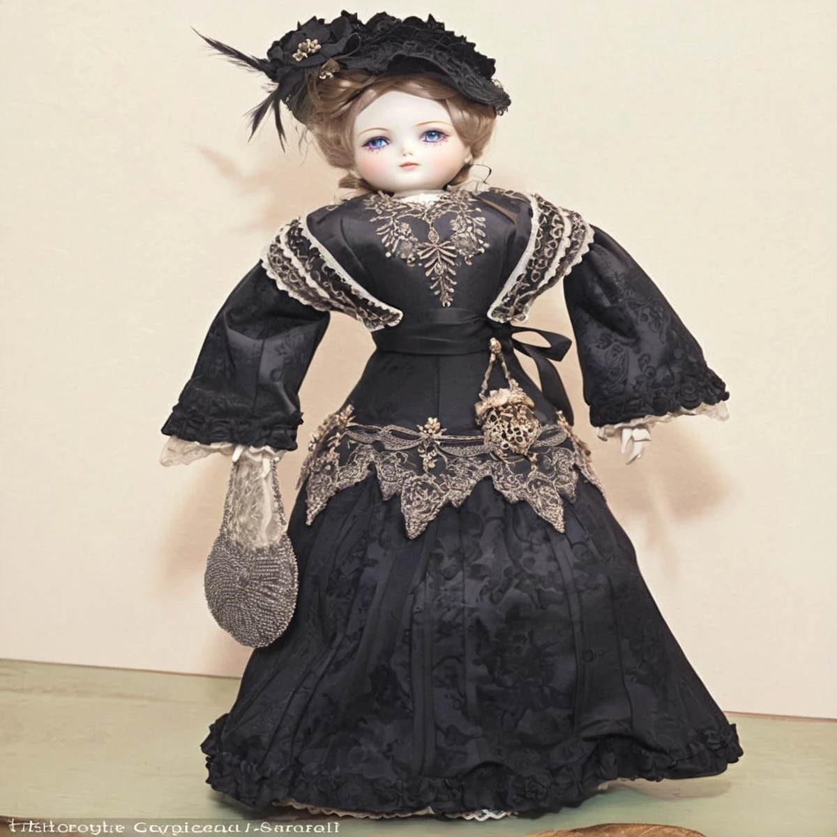 {{{Limited edition palette}}}, {{{Black background}}}, {5 levels}A doll that looks like it has been possessed by a ghost、eyes glowing pale、a close up of a 人形 with a black dress and a hat, Gorgeously dressed, intricate victorian dress, 19th century style, Exquisite detail, Very detailed and luxurious garment,