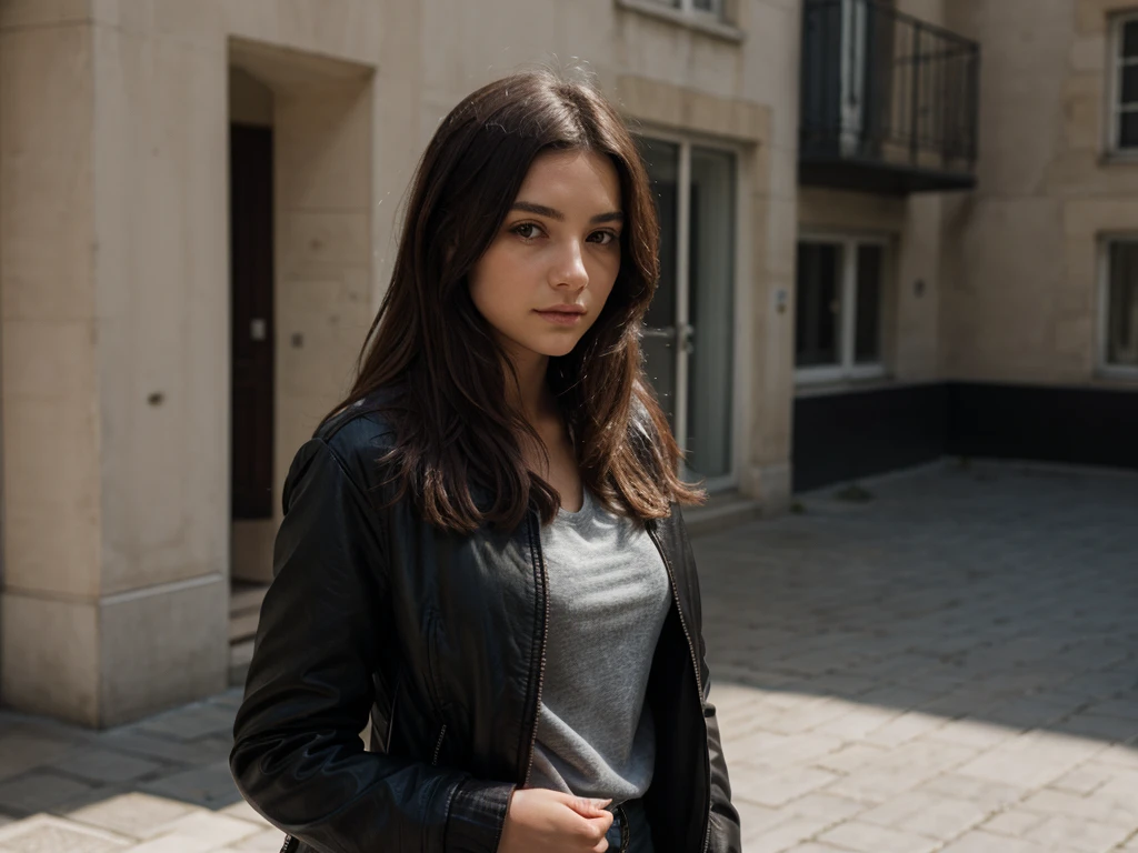 Portrait. jeune fille. blouson court en cuire noir. cheveux aux carré.