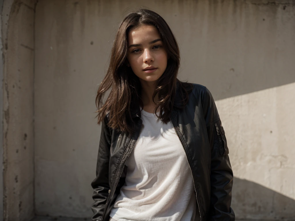 Portrait. jeune fille. blouson court en cuire noir. cheveux aux carré.