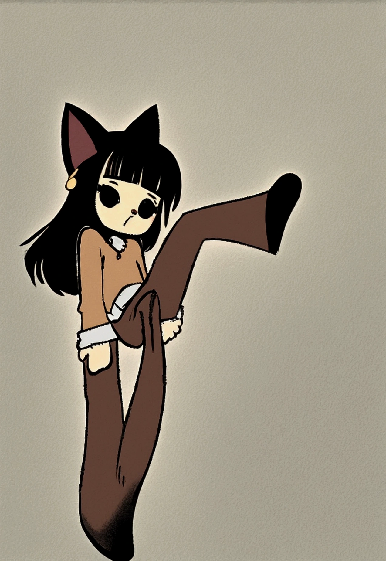 Anthropomorphic furry cat young man, creamy brown coat color with pointed black lines and abundant fluffy fur, her cat ears are thin and with dangling earrings, its cat tail with black kines very hairy and fluffy, messy black hair, black eyes with septum piercing,