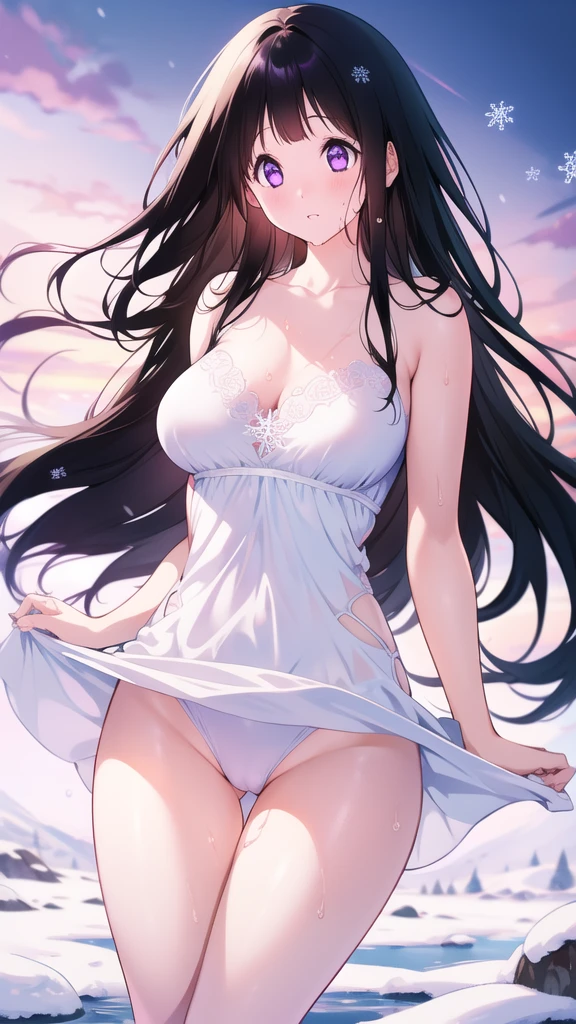 Chitanda，只有一个beautiful girl，Purple Eyes, Black Hair, Natural straight hair, Straight bangs，Extremely refined，open your lips，Face is so red，Very white skin，Skin as delicate as porcelain，Glowing skin，big eyes，Flowing long hair，beautiful girl, Like a dream，Slim，Slim waist，Soft, (Sensual), (Kawaii), Dream quality，Sweaty and sweaty，Wet skin，Side breasts，snowflake，Playing in the snow on the snow mountain，Looking up，Looking up，Thighs clamp hands，It's covered in water，Hands reach into your pants，White transparent dress，Profile，（Completely naked），Gluteal groove，The outline of the breasts is visible through clothing，Completely naked的背部，nacked hip，very close，Deep V neckline，Loose neckline，Beautiful big breasts，No pants，nopan，no pants，Bare shoulders，There are no shoulder straps，Exposed collarbone，Delicate clavicle，Delicate hands and feet，Bare neck，There are no clothes around the neck，Bare thighs，Exposed groin，Camel toe，extremely shy，Ultra-high resolution, (masterpiece:1.2, best quality), (Delicate and beautiful eyes: 1.2), (Beautiful and delicate face)