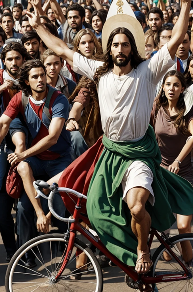 Jesus Christ riding a bicycle in the middle of the people