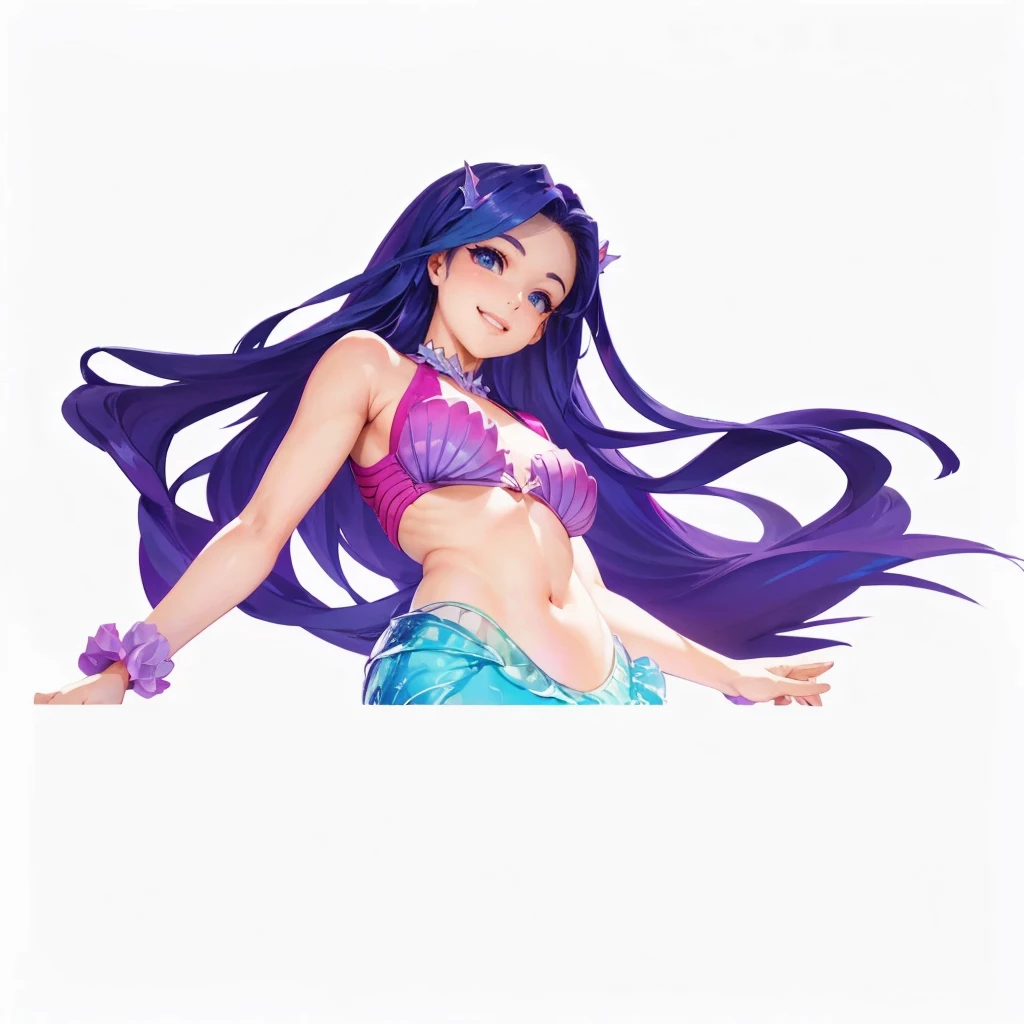 Digital art baby chibi style,masterpiece, best quality:1.2), 1 Girl,Pretty Face, Smile, Looking at the audience, Purple long hair,Pink swimsuit, , blue eyes, Mermaid, multicolored Mermaid tail, Lying on the beach, Fin ears, Head fin, shell, orchid