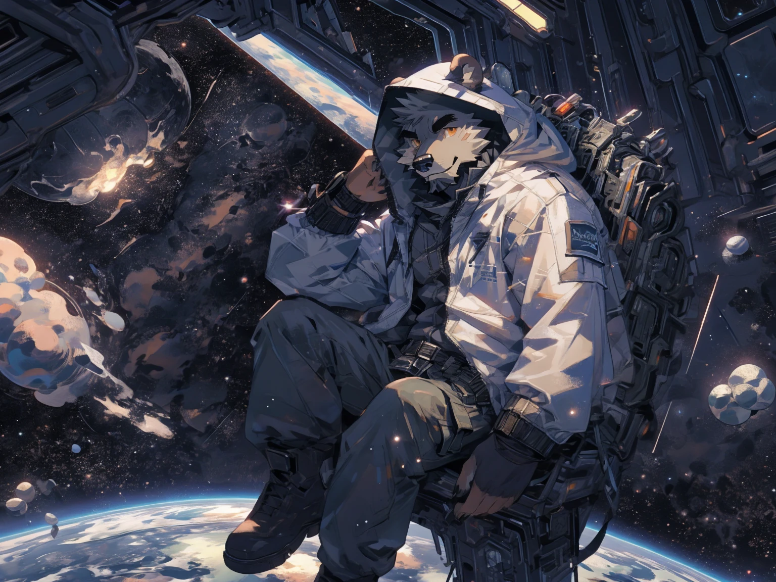 (masterpiece:1.2), best quality,pixiv,official art,perfect , (Ray tracing, light),solo, (1_male:1.3) , (muscle), (grey fur:1.4), (muscle bear), (beard:1.2), (gleaming golden eyes), bear tail, full body, Thick black eyebrows,(open hooded parka), ( inside), (cargo pants:1.2), boots , (in the space:1.3) , star , planet , earth , asteroid , character floating