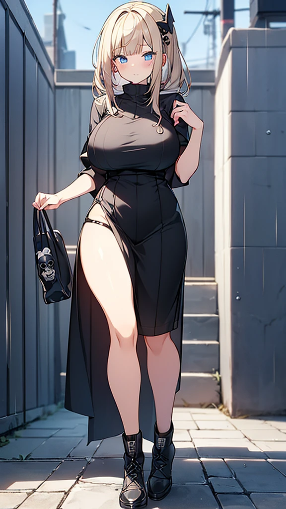 Full body image, フロント, One girl, 18-year-old, Mix 4, (32k, RAW Photos, Highest quality, masterpiece:1.2), (Anime-like, photoAnime-like:1.37), cute, ミニスカートのドレス, night, rain, Humidity, Professional Lighting, Photon Mapping, Radio City, Physically Based Rendering, Super Resolution, (Big Breasts:1.2), {{The biological weapon that had preyed on the younger sister took her place and reunited with the older brother.}}, Girl Skull, whole body, NSFW