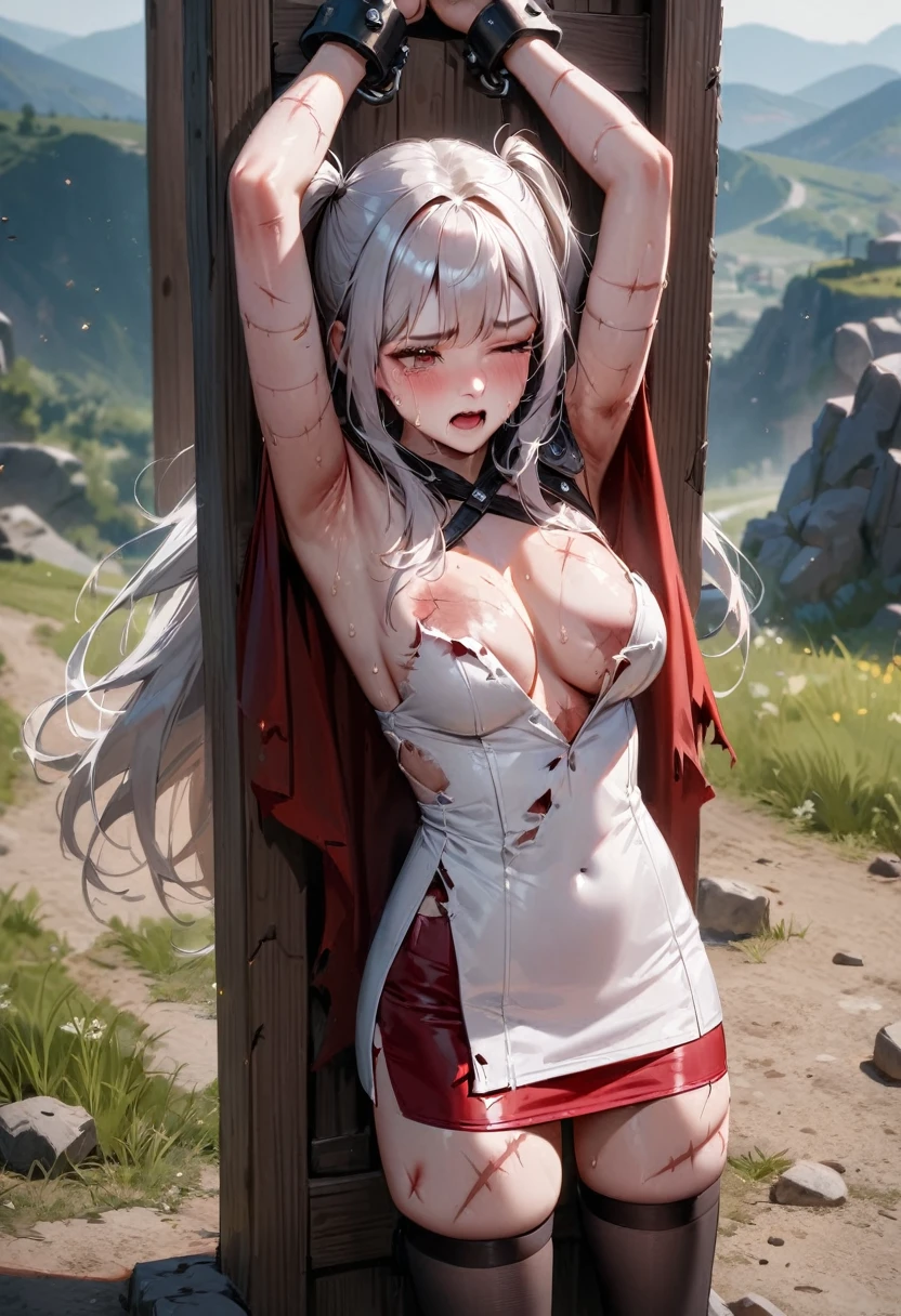 (best quality), (masterpiece), very aesthetic, absurdres, high res, all detailed, realistic, 1girl, (two side up), long hair, silver hair, (red pencil Dress, one side shoulders armor with Cape, red pencil miniskirt), medium cleavage, [black thigh-highs], [white panties], (injury skin, scar skin, bleeding skin, torn clothes:1.1), Broken Armor, BREAK NSFW, (bondage_xcross, in Stocks Pose, Cuffs on Ankles and Wrists), (one eye closed), cry, tears, sigh, blush, sweat, (outdoors, hill), shockwave, stone Debris, cinematic lighting, diffraction spikes, cowboy shot, three quarter view