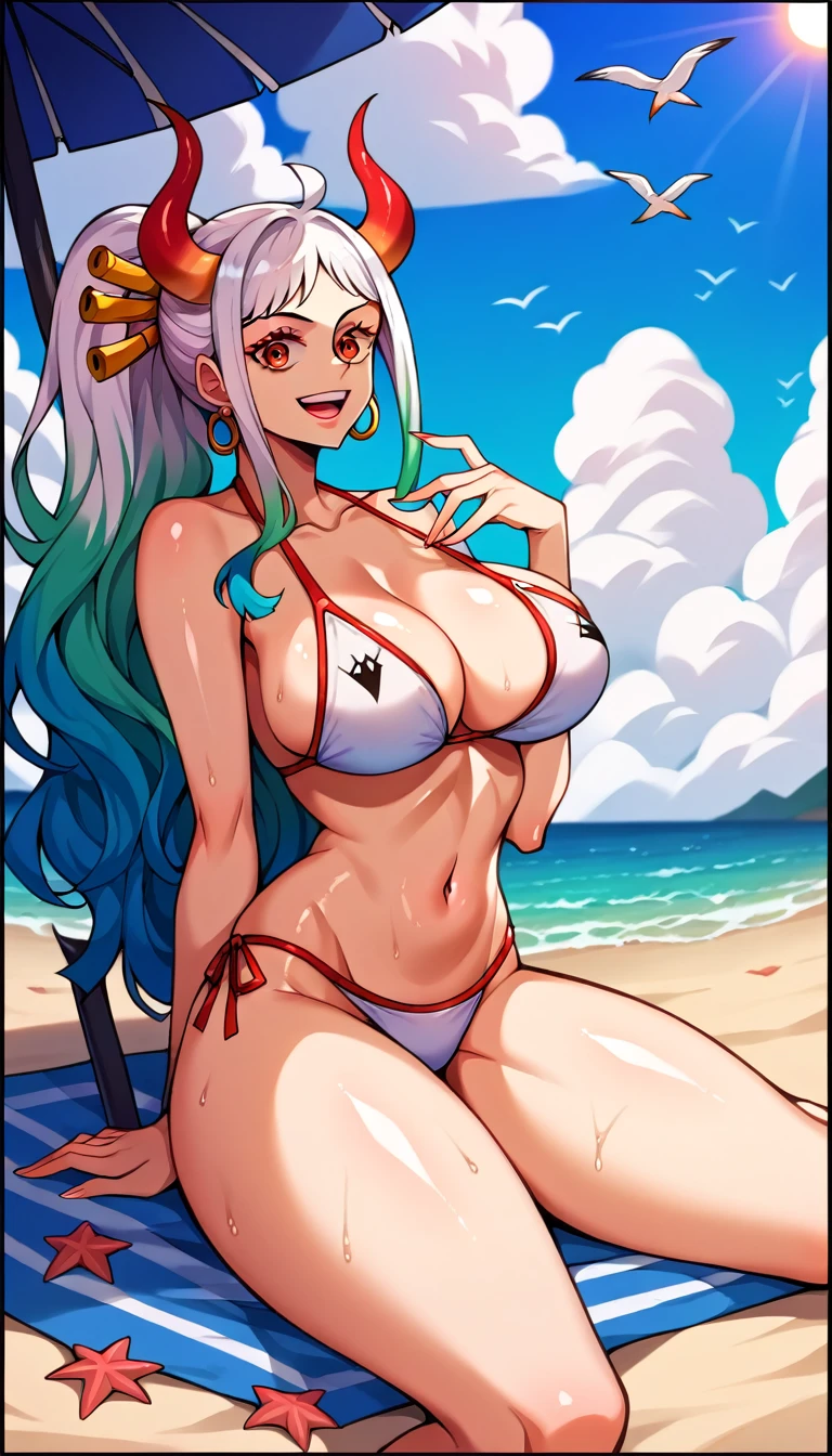 score_9,score_8_up,score_7_up,score_6_up, yamato \(one piece\), 1girl, solo, multicolored hair, jewelry, earrings, hair ornament, curled horns, long hair, oni, smile, rope, breasts, hair stick, blur background, open mouth, hoop earrings, bare shoulders, simple background, ponytail, masterpiece, best quality, highres, extremely detailed face, highly detailed eyelash, highly detailed eyes, sharp details, high contrast, (shiny skin:1.2), beautiful fingers, elegant, elegant face, sexy body, large breasts, perfect round breast, beach umbrella, bikini, bird, black border, breasts, cloud, day, dove, hat, letterboxed, looking at viewer, navel, ocean,official alternate costume, outdoors, pillarboxed, sand, seagull, sitting, sky, smile, solo, starfish, sun hat, swimsuit, blur background, water, watercraft, wet, white,