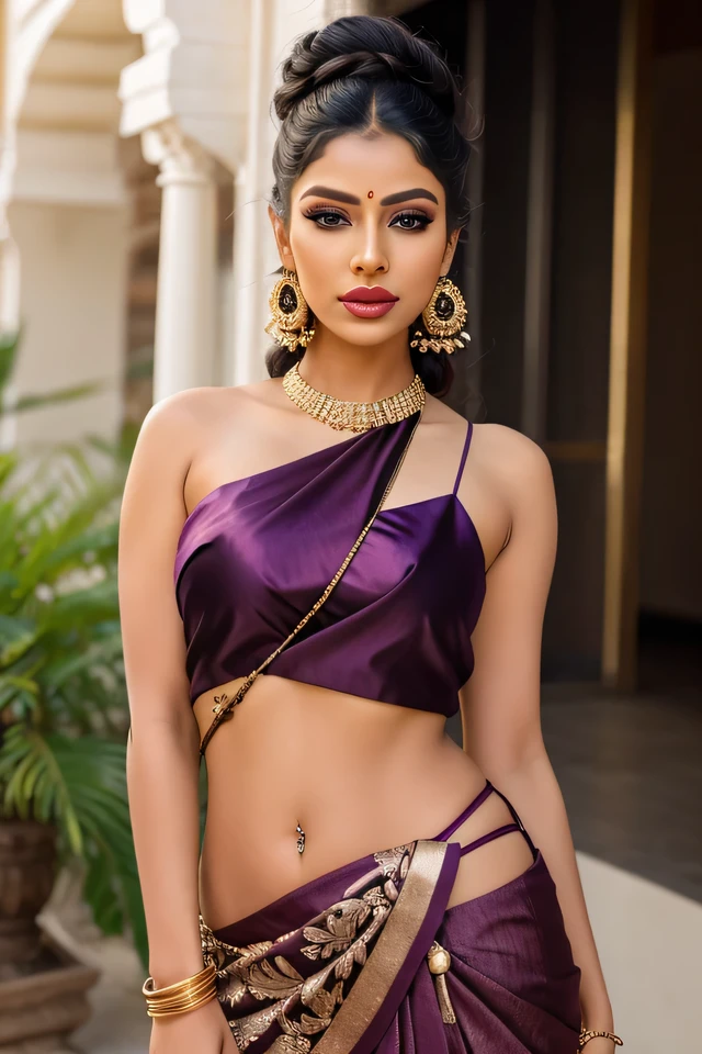 Create an ultra-realistic image of a modern, attractive female influencer of Indian descent, aged between 27 to 30. She should have a warm and inviting smile, expressive almond-shaped eyes with a slight shimmer, and clear, glowing skin with a medium brown complexion. Her features should be well-defined, with high cheekbones and a sharp jawline. Her hair should be long, thick, and wavy, with a natural shine and bounce, styled in an intricate updo with curls and volume. She should have a slender yet athletic build, reflecting a healthy and active lifestyle, with a medium bust size (40-42 inches), offering a balanced and proportionate figure.
She is wearing a purple silk saree draped in a stylish dhoti saree style with a magenta sleeveless blouse that highlights her toned figure. Her outfit is completed with stylish black heeled sandals that add elegance to her look. She accessorizes with antique gold jewelry, including small hoop earrings and a few thin bangles, and her hair is styled in a side braid. Her makeup includes plum lipstick, smokey eyes, and contouring, enhancing her features.
The background should be a modern palace courtyard with lush gardens, suggesting a blend of traditional elegance and contemporary sophistication. Her overall appearance should exude confidence, approachability, and sophistication, capturing the essence of a contemporary Indian fashion influencer. The bindi should be removed.