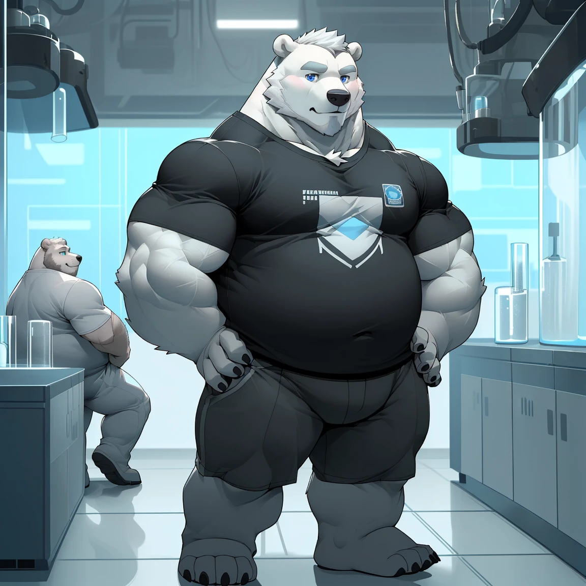 masterpiece, best quality, 8k resolution, Very detailed, hairy,(((polar bear)),(((Mature))),(((beard))),(((fat))),(((portrait))),(((White hair))),(((Standing))),(((Black suit))),(((Blue Eyes))),(((Left hand on waist))),Highest quality scene,(((Hip bulge))),(((Pills in right hand))),(((Fat-enclosed muscle))),(((Round face))),(((laboratory))),(((Experiment))),(((Solitary))),(((Long sleeve)))