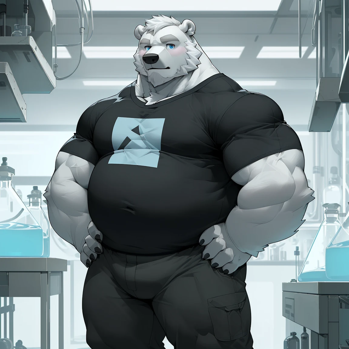 masterpiece, best quality, 8k resolution, Very detailed, hairy，(((polar bear))，(((Mature)))，(((beard))),(((fat)))，(((portrait)))，(((White hair)))，(((Standing)))，(((Black T-shirt))),(((Blue Eyes)))，(((Hands on hips)))，Highest quality scene，(((Hip bulge)))，(((Fat-enclosed muscle)))，(((Round face)))，(((laboratory)))，(((Experiment)))，(((Solitary)))，(((Short sleeve)))
