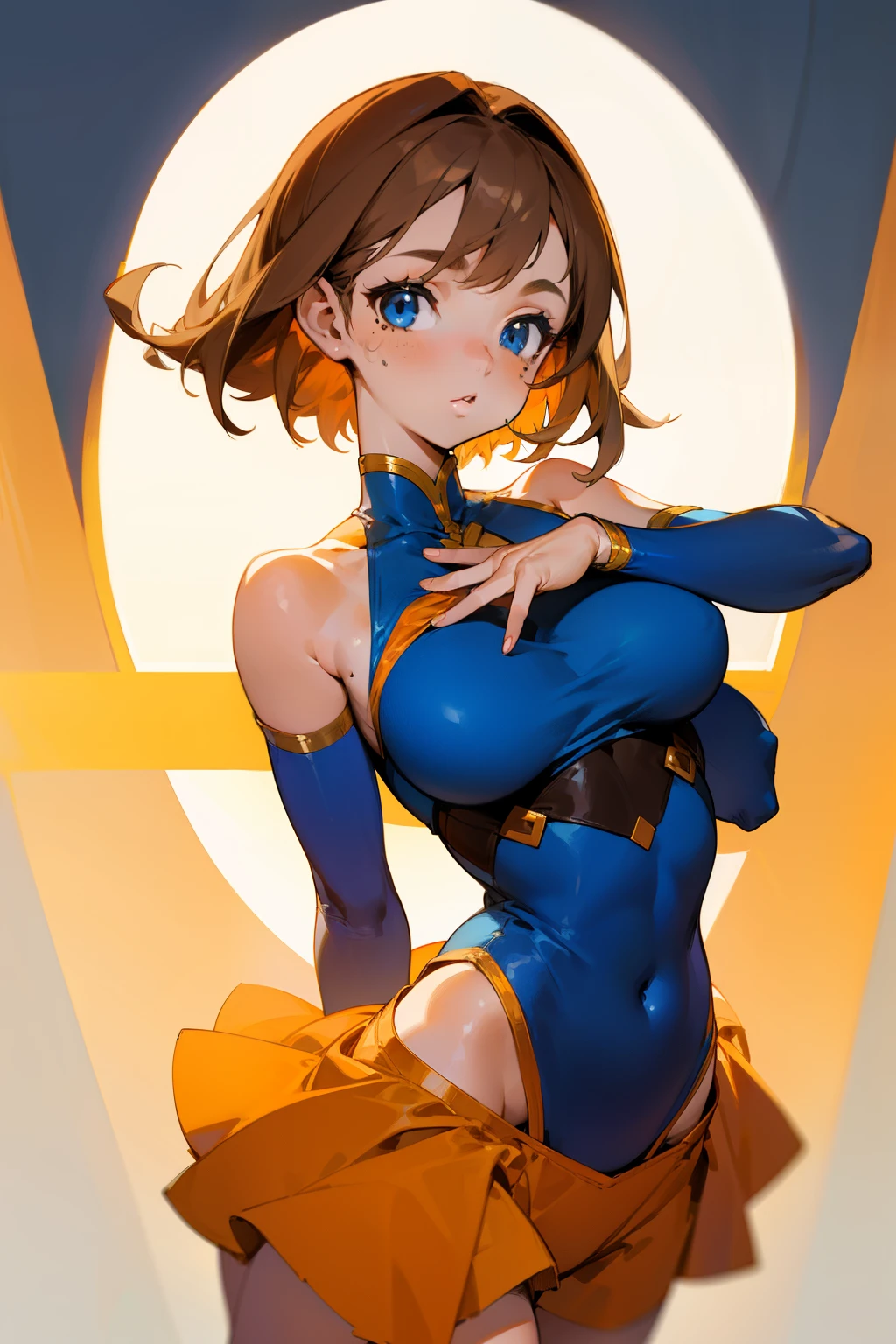 Cute girl, short light brown hair, blue eyes, mole, orange ballet clothes, big breasts, round breasts, exposed chest tops, bare shoulders, exposed stomach, short orange skirt,