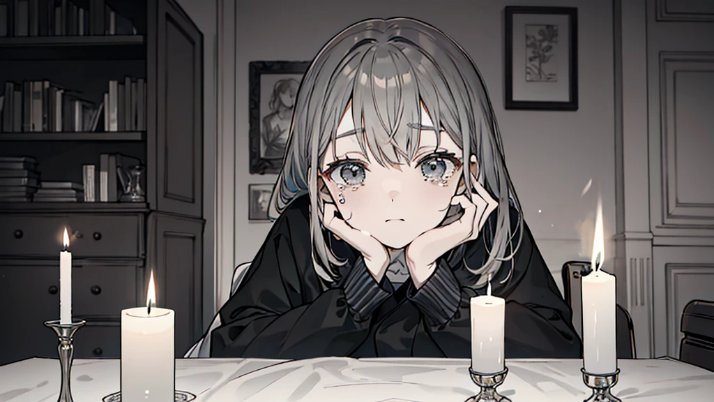 Alone in the room、Gray-haired woman、The only candle on the table、I stare with tears in my eyes