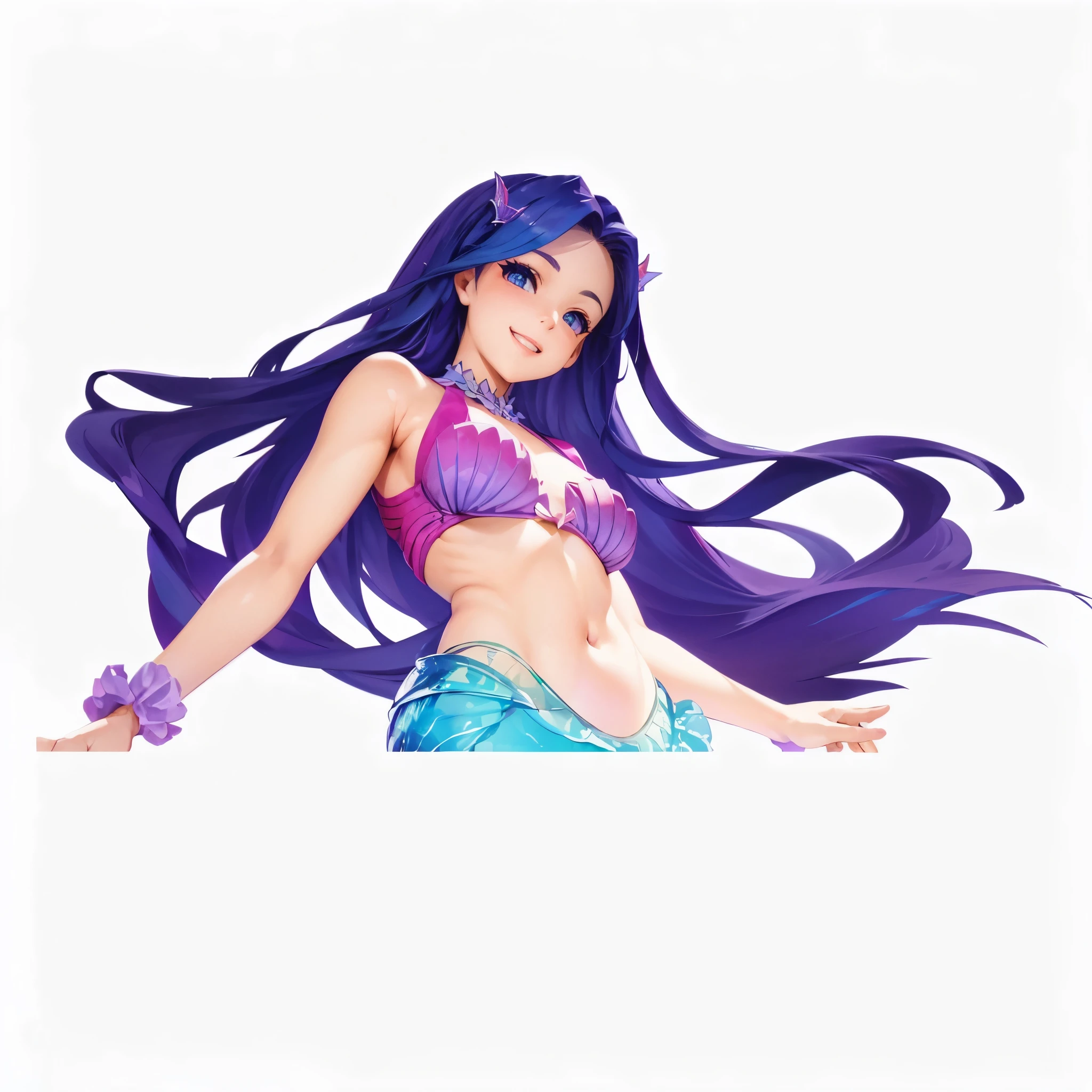 Digital art baby chibi style,masterpiece, best quality:1.2), 1 Girl,Pretty Face, Smile, Looking at the audience, Purple long hair,Pink swimsuit, , blue eyes, Mermaid, multicolored Mermaid tail, Lying on the beach, Fin ears, Head fin, shell, orchid