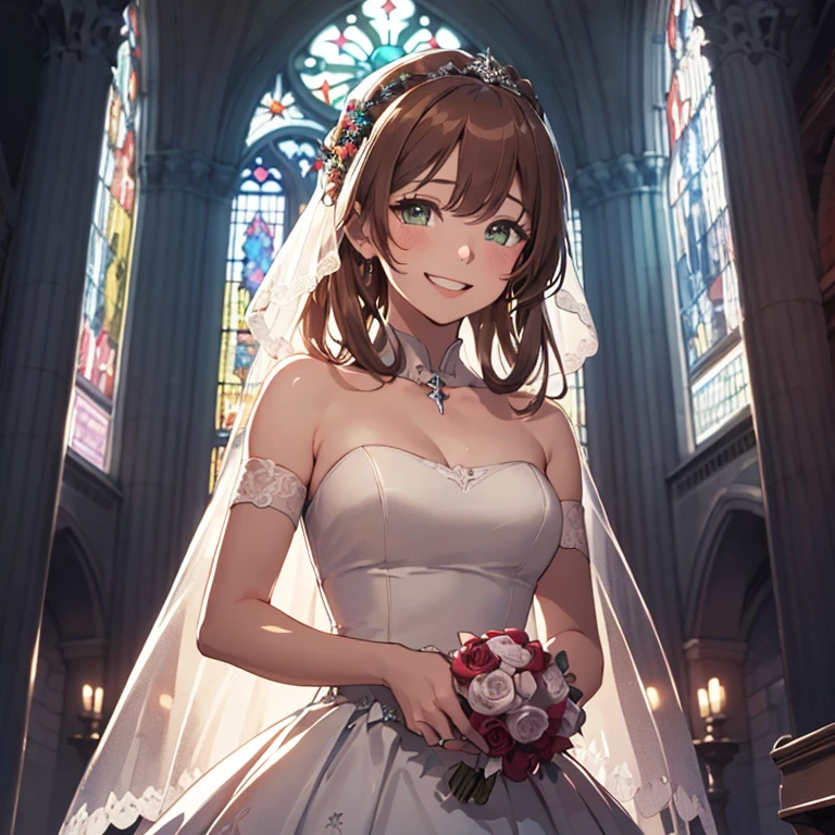 
Springfield,
(masterpiece:1.4),(best quality:1.4),(amazing), (great illustration:1.4), (ultra-detailed:1.4), (art CG, 8K),
1girl solo,princess line wedding dress,(Happy Smile:1.4),(cry:1.2)church,Stained glass,holylight,