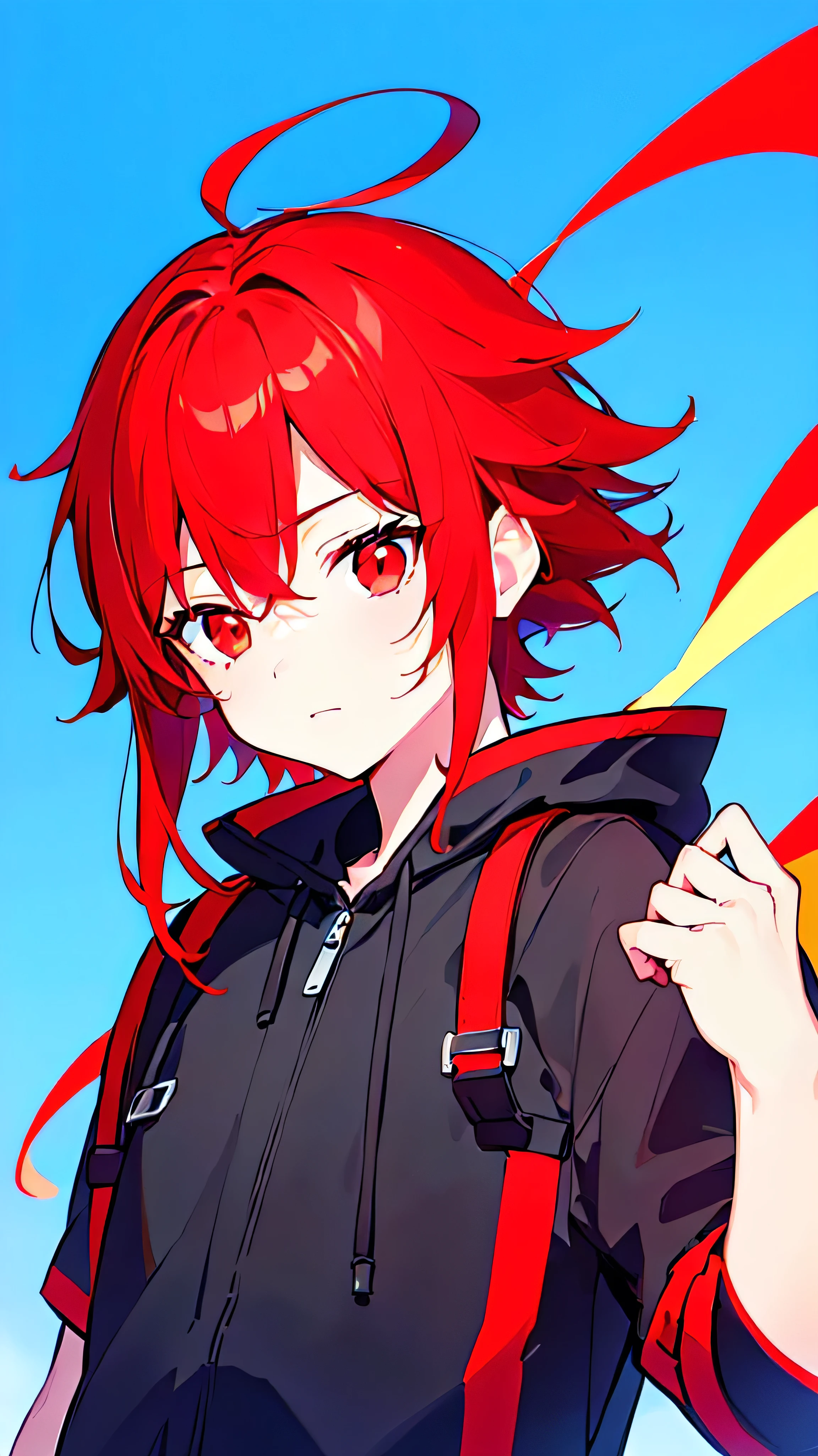 [(BLUE BACKGROUND:1.5),::5], ((((masterpiece)))), high quality, ultra very high resolution, full color, (((solo))), ((little boy)), ((Red hair)), (Black streaked hair), (oriental Red eyes), anime, ((upper body)), Summer clothes, neon light, black parka, 