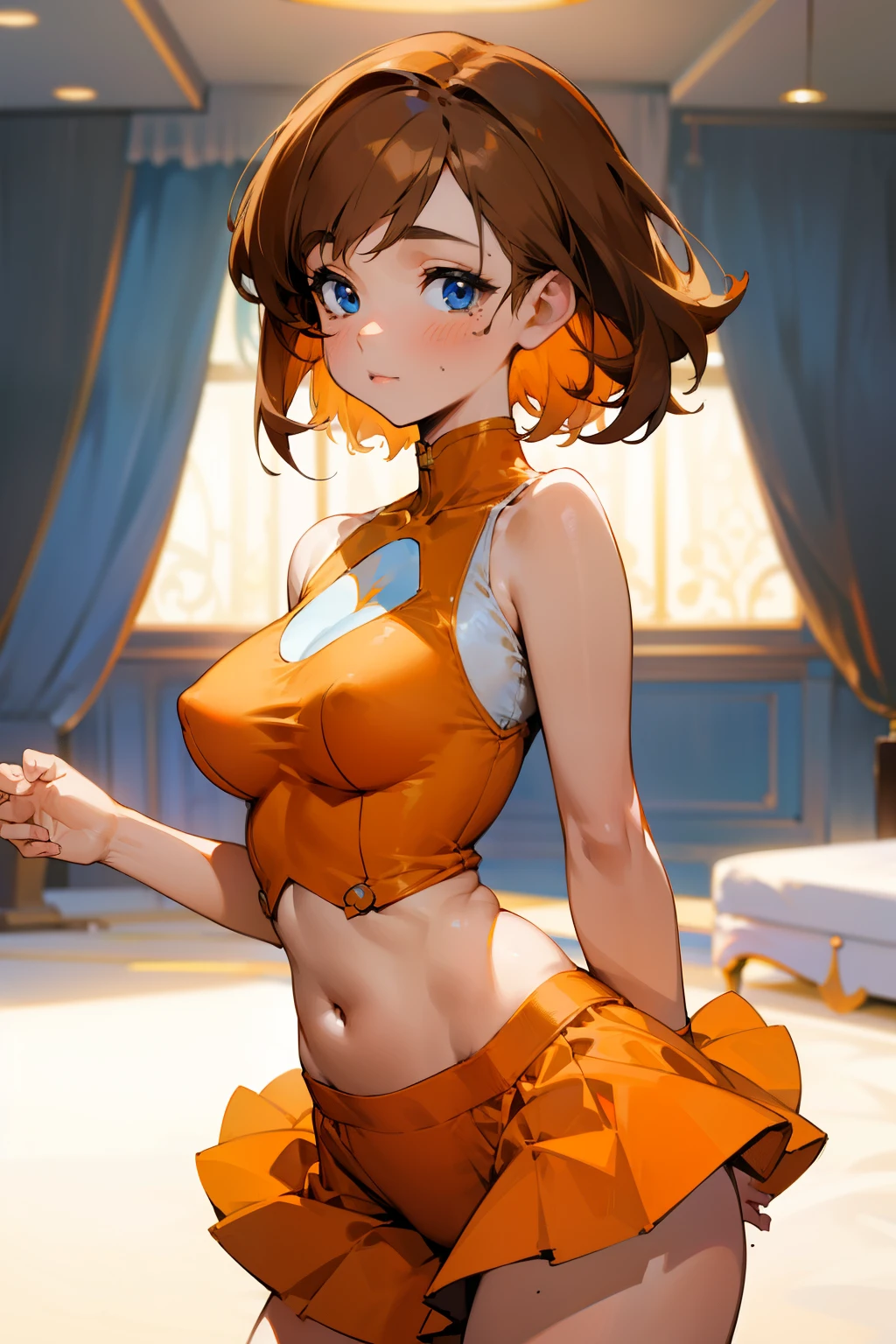 Cute girl, short light brown hair, blue eyes, mole, orange ballet clothes, big breasts, round breasts, exposed chest tops, bare shoulders, exposed stomach, short orange skirt,