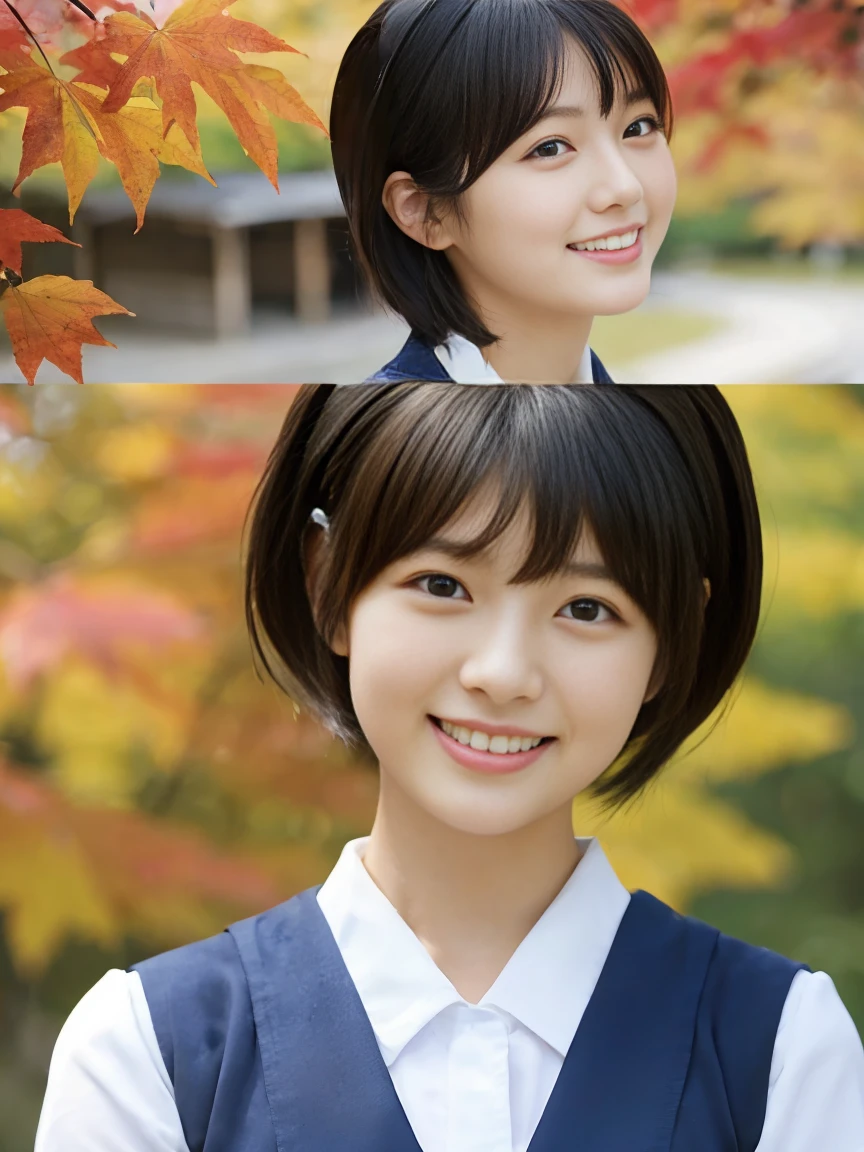 Short Hair 、Japanese women、Autumn school building、thin脚、Extraordinary beauty、Cute Face、The best smile、Cute Smile、frontage、thin、School、 (RAW Photos:1.2), (Photorealistic:1.4),　Beautiful detailed girl, Very detailed目と顔, Beautiful and beautiful eyes, Large file size, High resolution, Very detailed, Highest quality, masterpiece, ((Japanese Girls&#39; High School Uniform)), Very detailed, CG, 8k wallpaper, growing up, finely, Highest quality, HVery detailed CG uniforms、 The light shines on your face、Cinema Lighting、Age 25、Big Breasts