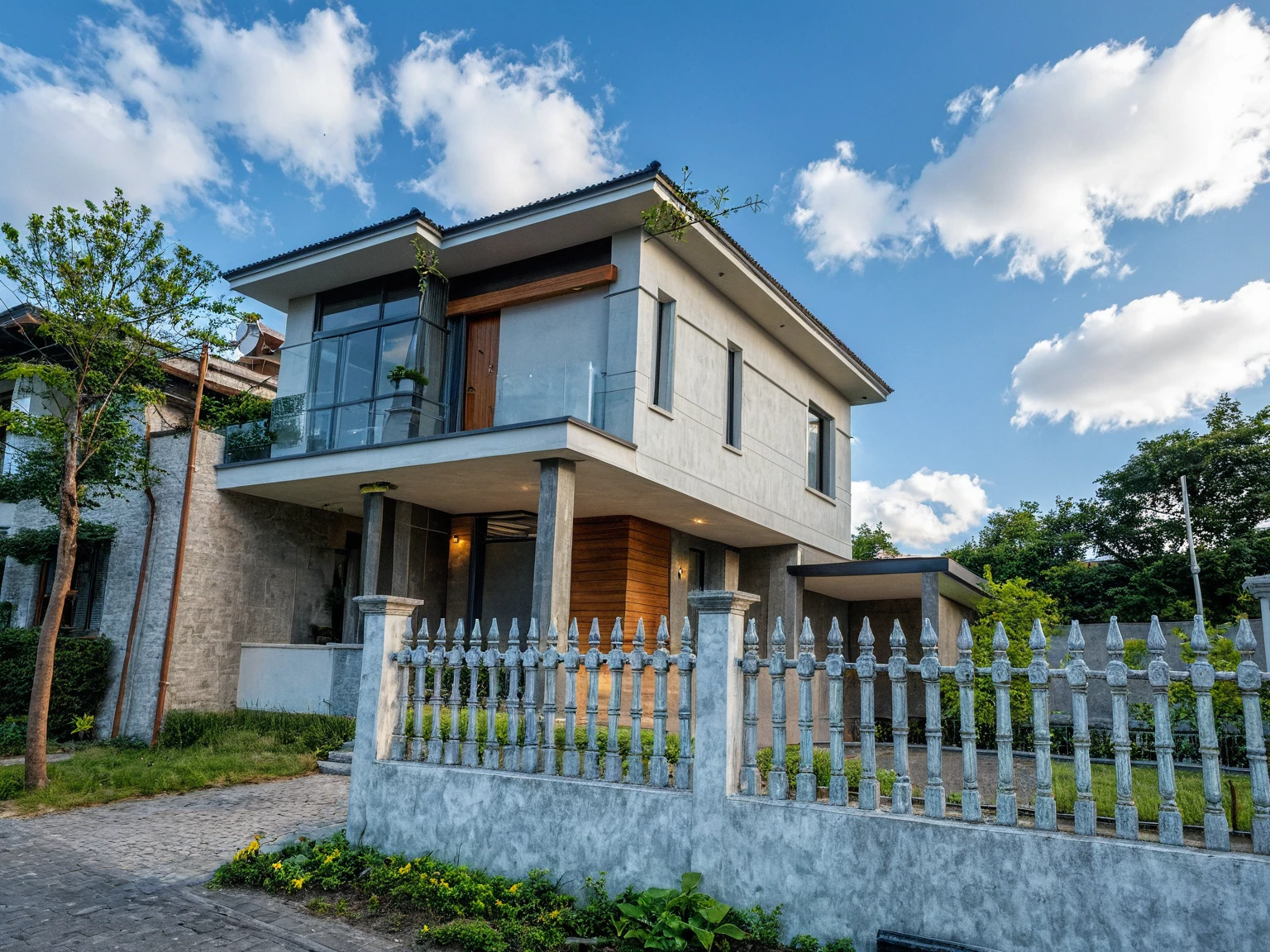 Masterpiece, high quality, best quality, authentic, super detail, outdoors, house style modern,bietthuhn, white wall, glass windows, gate road,pavement, grass, trees,blue sky, cloud, (day:1.1), realistic lighting