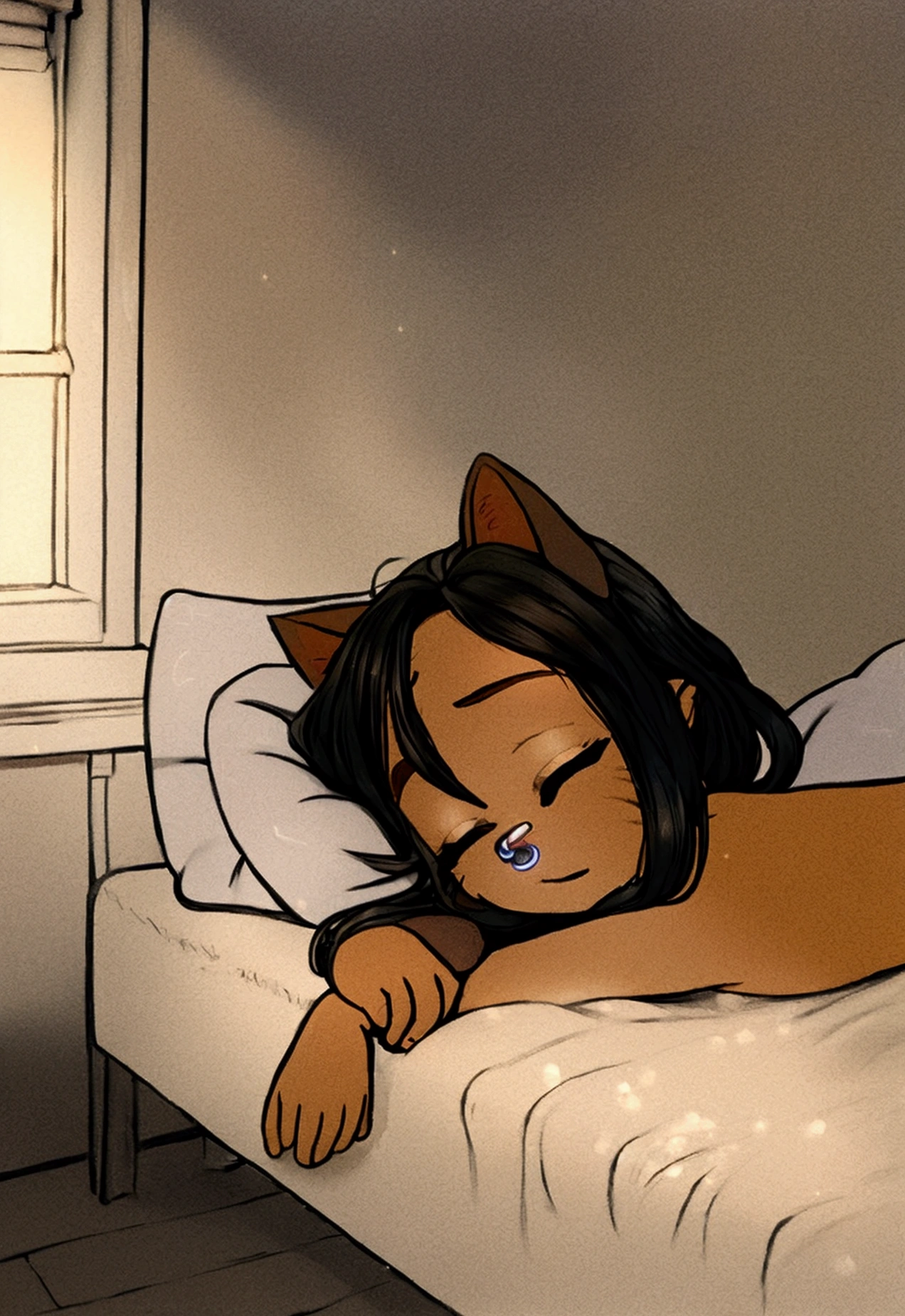 Anthropomorphic furry cat young man, creamy brown coat color with pointed black lines and abundant fluffy fur, her cat ears are thin and with dangling earrings, its cat tail with black kines very hairy and fluffy, messy black hair, black eyes with septum piercing, who is lying sleeping on a bed