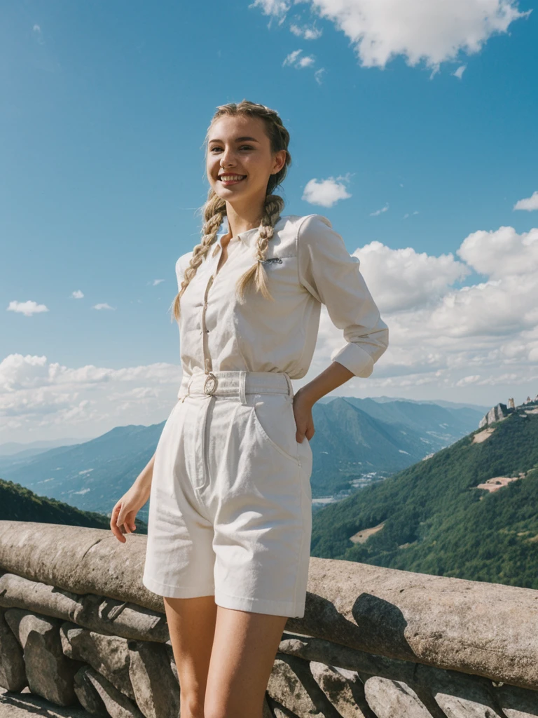 her name is Chrsotine, high quality, 1girl, ((20-year-old fit Caucasian woman)), ((20 years old)), ((fit)), ((Halo Braid)), pose: standing, wearing stylish Generation-Z modern wear, BACKGROUND: La Soufrière mountain and stunning sky, smiling
