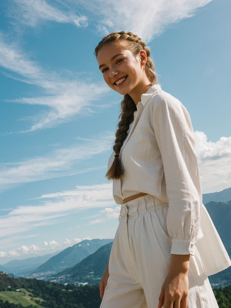 her name is Chrsotine, high quality, 1girl, ((20-year-old fit Caucasian woman)), ((20 years old)), ((fit)), ((Halo Braid)), pose: standing, wearing stylish Generation-Z modern wear, BACKGROUND: La Soufrière mountain and stunning sky, smiling
