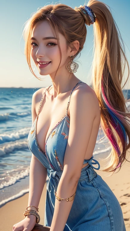 soft_light, (Masterpiece: 1.5), (Best Quality: 1.5), High Resolution, High Detail, 1 Girl, Solo, Skin Highlight, Sharpen, Clear, straight hair, ponytail, multicolored hair, Jewelry, bracelet, earrings, cowboy shot, pale skin, smile, beach, denim dress with embroidery and side cutouts, (medium boobs), golden hour background