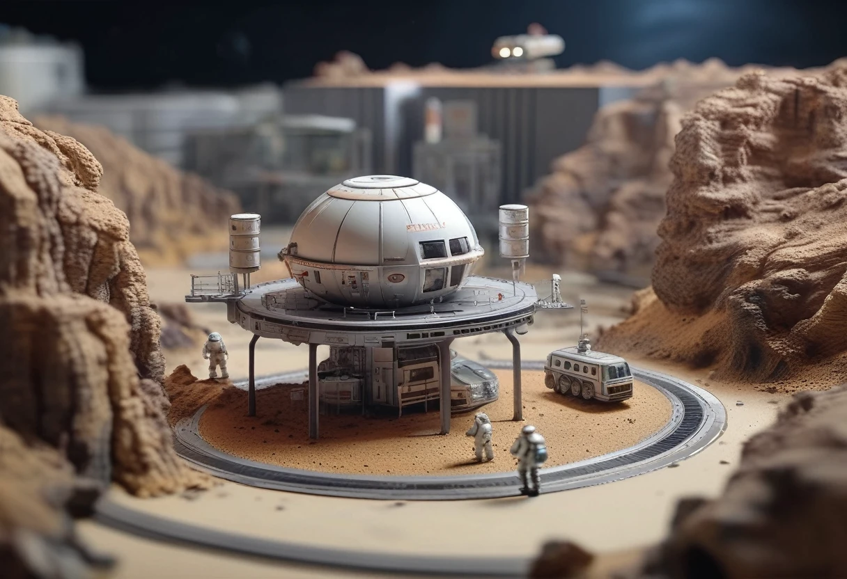 Highly realistic toy Miniature model, artist-rendered miniature model of the Death Planet space station, detailed matte painting, inspired by CG Association competition winner Filip Hodas, precise Miniature toy model, industrial futuristic with a heavy mechanical feel, empty Deserted mining industrial center, with transportation vehicles, there may be aliens in the base, several astronauts, 8k rendering,