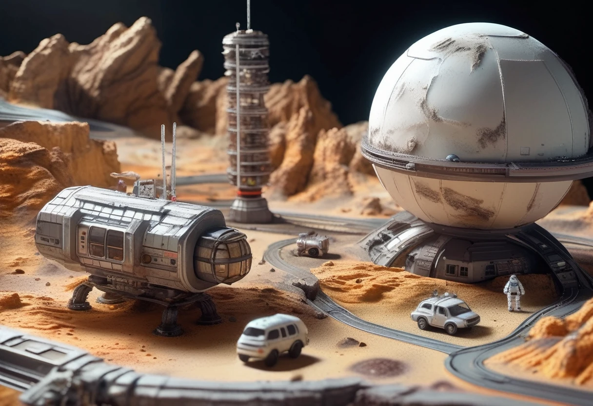 Highly realistic toy Miniature model, artist-rendered miniature model of the Death Planet space station, detailed matte painting, inspired by CG Association competition winner Filip Hodas, precise Miniature toy model, industrial futuristic with a heavy mechanical feel, empty Deserted mining industrial center, with transportation vehicles, there may be aliens in the base, several astronauts, 8k rendering,