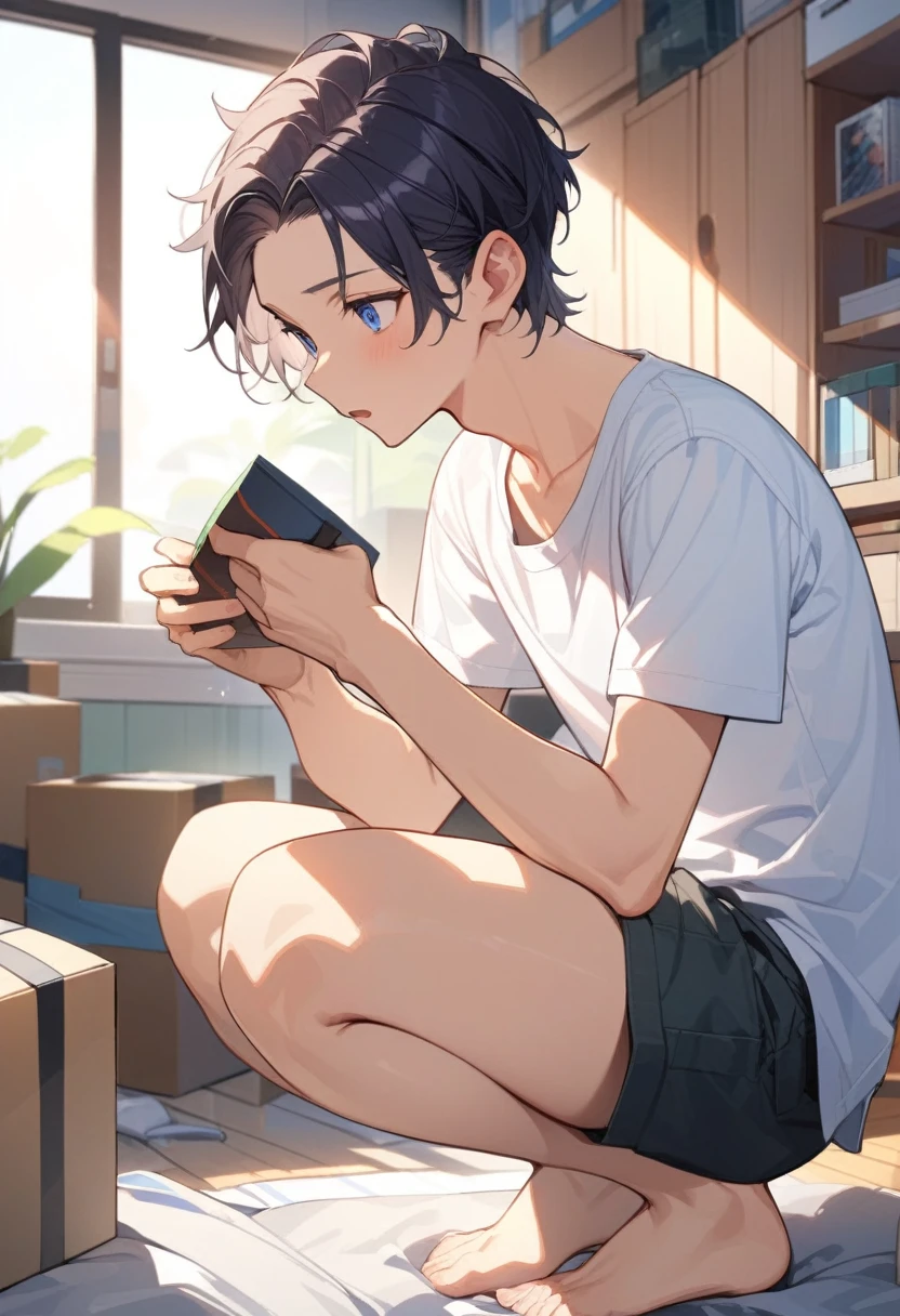 masterpiece, best quality, extremely detailed, ultra detailed, flat anime, 2D,
((1boy)),black hair, (short hair:1.5),blue eyes, height 1.7meters, (circle eyes:1.2), (young adult:1.2), Ear-length sideburns,
long Sleeves, White T-shirt, barefoot, ((short sleeves)),
squatting, looking away, expressionless,open mouth, full body,from side,
summer, 12AM, livingroom,organizing the boxes., I'm looking at the material in my hand.