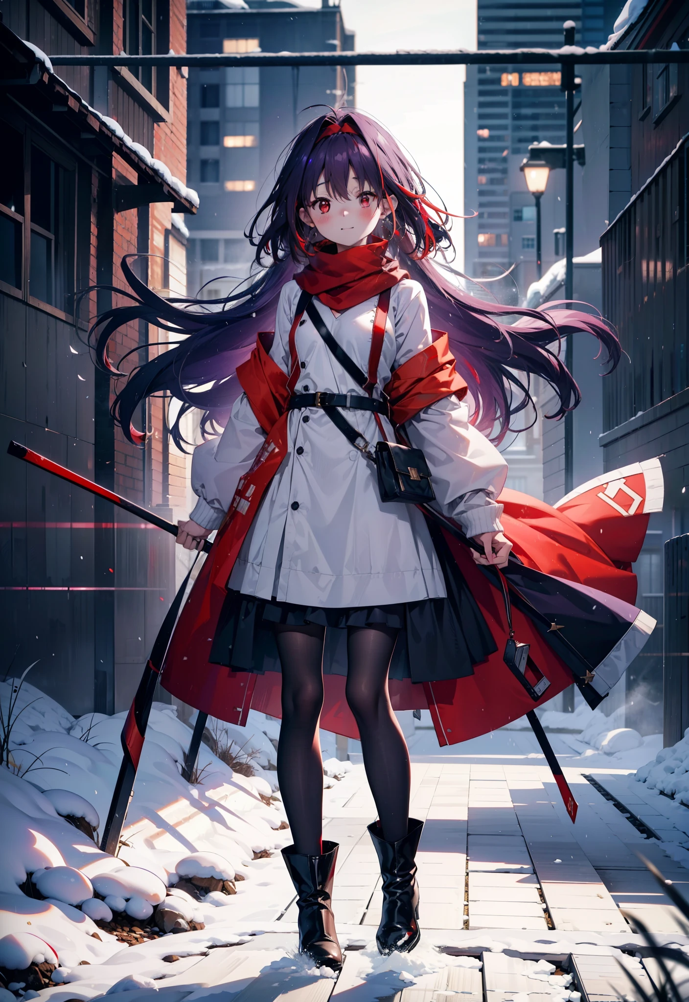 yuukikonno, Yuki Konno, hair band, Long Hair, Pointed Ears, Purple Hair, (Red eyes:1.5), (Small breasts:1.2),blush, smile,Open your mouth,white breath,Red Scarf,Purple long coat,V-neck sweater,Long skirt,Black Pantyhose,short boots,Standing leaning against a wall,Snow is piling up,that'it's snowing,whole bodyがイラスト入るように,Hiding in a roofed building,
break outdoors, construction area,
break looking at viewer, whole body,
break (masterpiece:1.2), Highest quality, High resolution, unity 8k wallpaper, (shape:0.8), (Beautiful attention to detail:1.6), Highly detailed face, Perfect lighting, Extremely detailed CG, (Perfect hands, Perfect Anatomy),