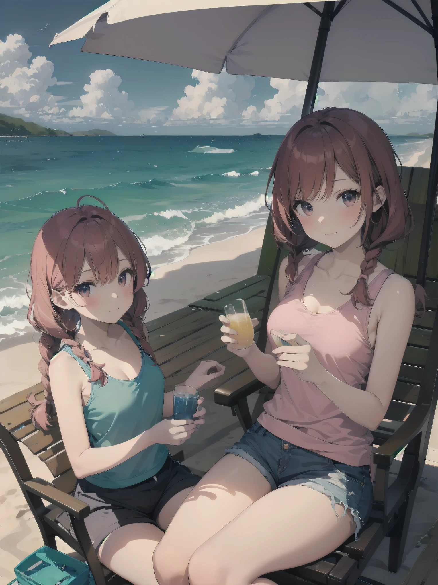 (Masterpiece: 1.2), (Best quality: 1.2), high resolution, detailed. BREAK. ((Cute girl with red hair in twin braids)), (1, pink tank top and shorts, , content expression: 1.3), drinking cold lemonade with straw, lying on beach towel. BREAK. Sunny beach, large umbrella, sandy beach, ocean with gentle waves, people playing in water. BREAK. ((Bright sunlight)), shimmering water, small portable fan nearby. BREAK. ((Positive: 1.3)). BREAK. Cheerful digital illustration, beach vacation mood