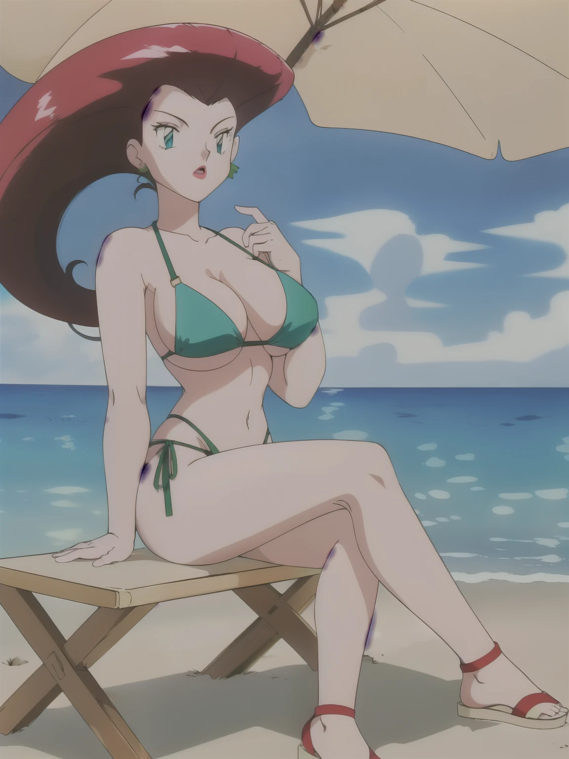 (masterpiece:1.0), (ultra detailed:1.2),(intricate, beautiful detailed) ,1990s,anime cel style, 1 girl, Jessie Pokemon, Green ribbon bikini, hair slicked back, long hair,red hair,detailed lapis lazuli eyes, lipstick、curvy, waist, beach,、Broad shoulders、25age, whole body、very long limbs、Toned Legs、Thin ankles、White Sandals, Perfect Style、sitting on the beach