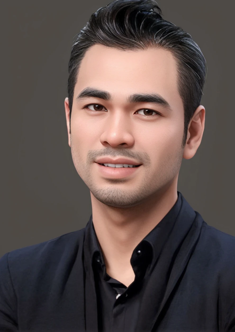 Create a 3D animation of a big-headed cartoon caricature. a 30 year old Indonesian man with short, slightly wavy black hair brushed back, round head facing forward, oval face with a strong jawline, thick straight eyebrows, almond-shaped brown eyes, a straight nose with a slightly rounded tip, symmetrical lips, and a slight friendly smile, wearing a solid blue shirt. Gradient blue background with professional lighting. masterpiece, top quality, highly detailed skin and face, ultra-realistic, high definition, studio lighting, sharp focus, full body view, Concept Art, 3D rendering.