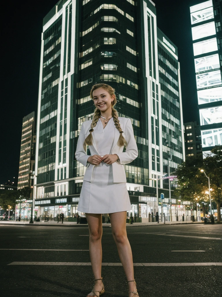 her name is Chrsotine, high quality, 1girl, ((20-year-old fit Caucasian woman)), ((20 years old)), ((fit)), ((Halo Braid)), pose: standing, wearing stylish green Generation-Z modern wear, BACKGROUND: city at night and stunning sky, smiling