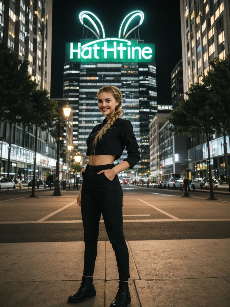 her name is Chrsotine, high quality, 1girl, ((20-year-old fit Caucasian woman)), ((20 years old)), ((fit)), ((Halo Braid)), pose: standing, wearing stylish green Generation-Z modern wear, BACKGROUND: city at night and stunning sky, smiling