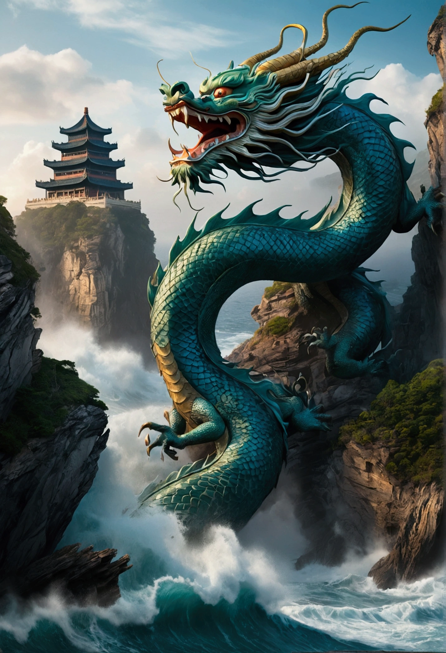A Chinese dragon is hovering above the sea cliff rocks. Beneath the sea cliff lie large reefs. The sea features turbulent waves where waves are leaping back and forth. Not far behind the dragon stands an ancient pagoda-shaped building. The style is Chinese ink, masterpieces, with movie-like lighting. The dragon has an open mouth with sharp teeth, a coiled tail, a flowing movement, glowing eyes, dynamic poses, an ambient background, vibrant colors, depth of field, volume fog, an epic scale, and a film frame.