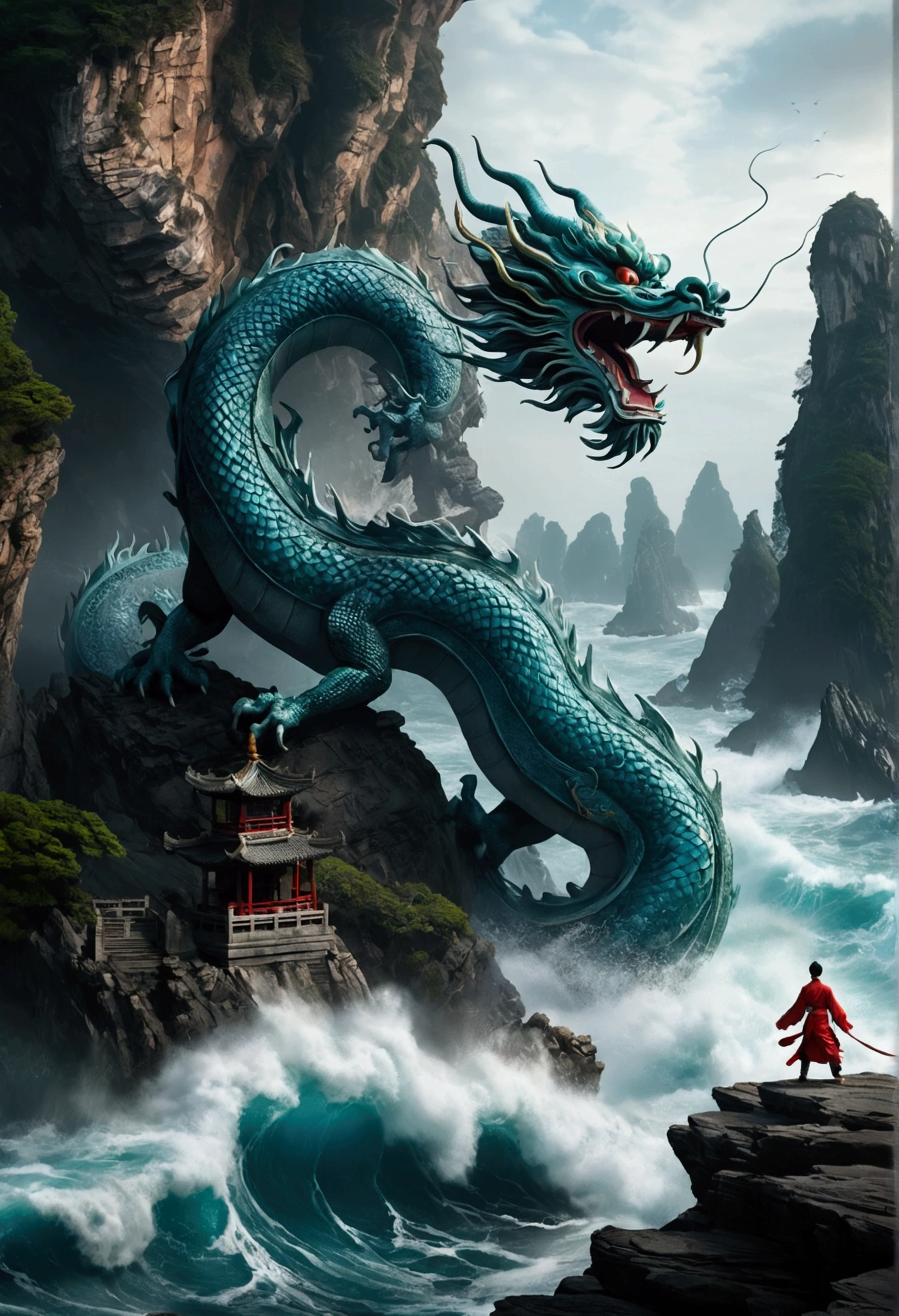 A Chinese dragon is hovering above the sea cliff rocks. Beneath the sea cliff lie large reefs. The sea features turbulent waves where waves are leaping back and forth. Not far behind the dragon stands an ancient pagoda-shaped building. The style is Chinese ink, masterpieces, with movie-like lighting. The dragon has an open mouth with sharp teeth, a coiled tail, a flowing movement, glowing eyes, dynamic poses, an ambient background, vibrant colors, depth of field, volume fog, an epic scale, and a film frame.