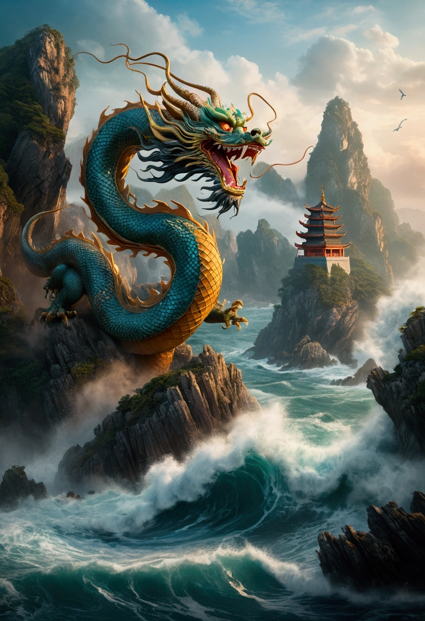 A Chinese dragon is hovering above the sea cliff rocks.  Beneath the sea cliff lie large reefs.  The sea features turbulent waves where waves are leaping back and forth.  Not far behind the dragon stands an ancient pagoda-shaped building.  The style is Chinese ink, masterpieces, with movie-like lighting.  The dragon has an open mouth with sharp teeth, a coiled tail, a flowing movement, glowing eyes, dynamic poses, an ambient background, vibrant colors, depth of field, volume fog, an epic scale, and a film frame.