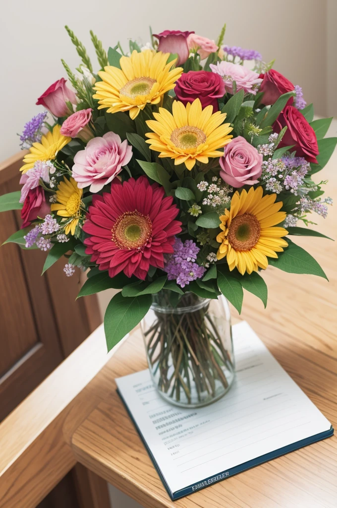 Bouquet with flowers and colored pencils