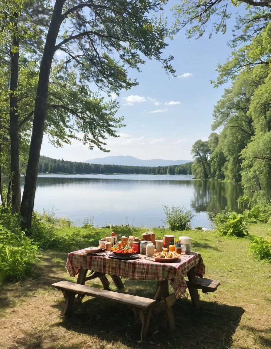 there is a table with food and a tent on it, setting in nature, camping, peaceful environment, summer lake setting, all in the amazing outdoors view, beautiful place, summer setting, lake setting, beautiful environment, outdoors setting, beautiful setting, epic scenic shot, day setting, stunning nature in background, near a lake, beautiful scenery, beautiful nature, very beautiful scenery