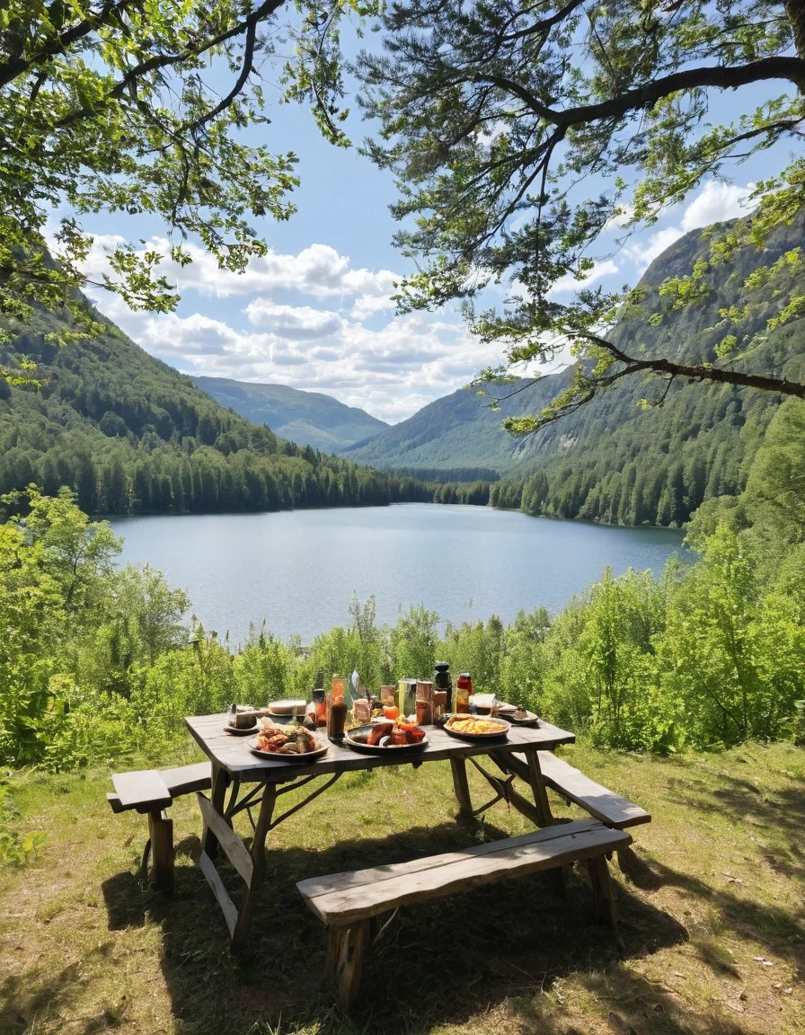 there is a table with food and a tent on it, setting in nature, camping, peaceful environment, summer lake setting, all in the amazing outdoors view, beautiful place, summer setting, lake setting, beautiful environment, outdoors setting, beautiful setting, epic scenic shot, day setting, stunning nature in background, near a lake, beautiful scenery, beautiful nature, very beautiful scenery