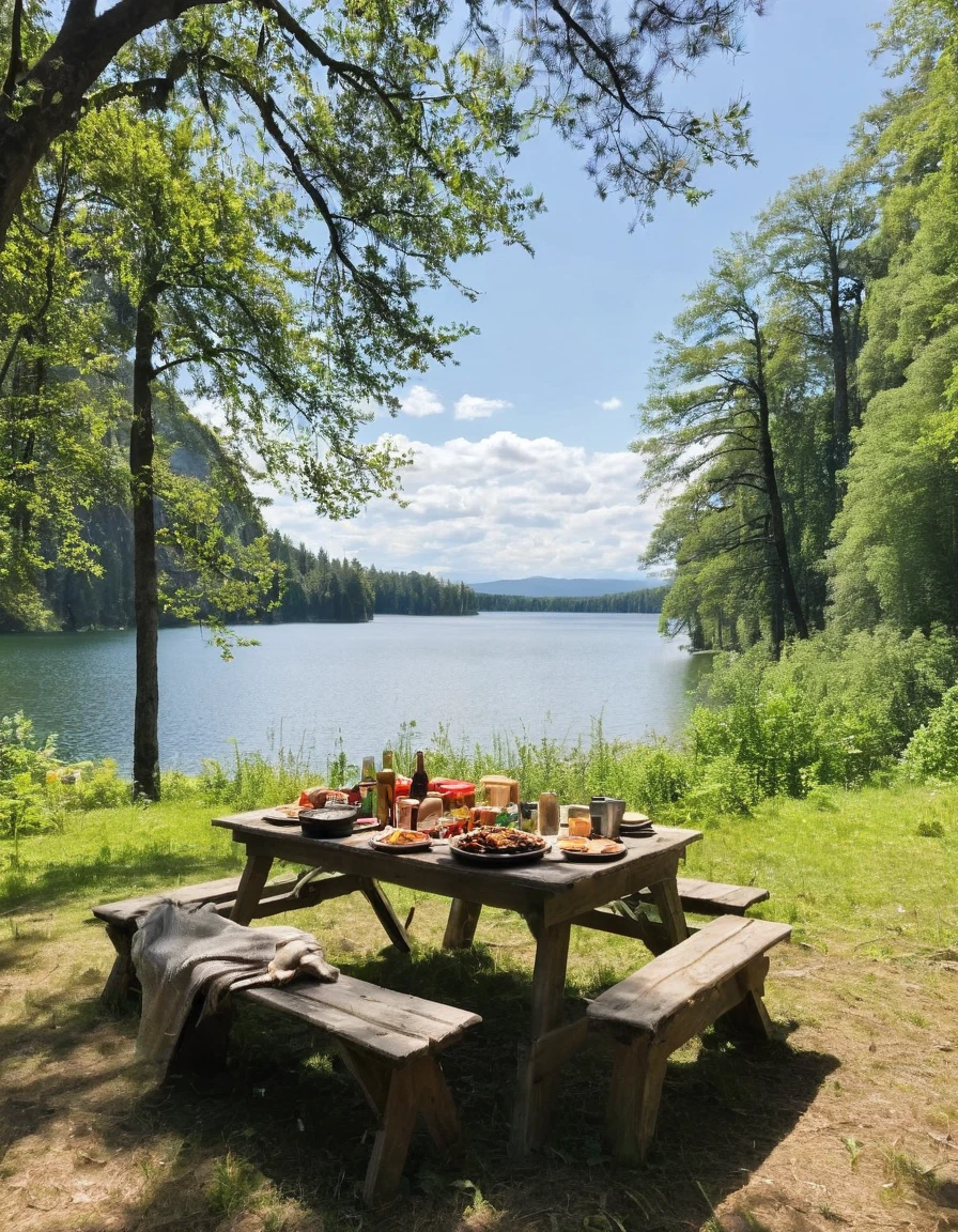 there is a table with food and a tent on it, setting in nature, camping, peaceful environment, summer lake setting, all in the amazing outdoors view, beautiful place, summer setting, lake setting, beautiful environment, outdoors setting, beautiful setting, epic scenic shot, day setting, stunning nature in background, near a lake, beautiful scenery, beautiful nature, very beautiful scenery