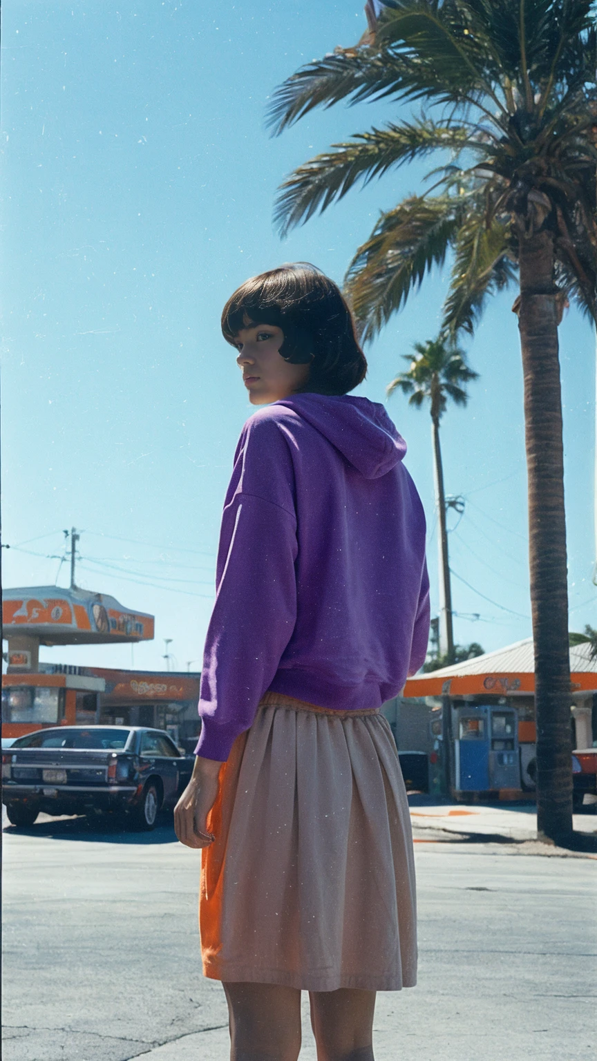 ((medium shot cimematic portrait)) one of cute 23 yo girl, natural medium breast,wear ((orange oversized_hoodie)), wear ((purple tennis skirt)),looking front,Best Quality,Masterpiece,Ultra High Resolution,(Realisticity:1.4),Original Photo, 1Girl, light leak,ultra high resolution,UHD,beautiful, (black straight hair), almond eye, no makeup, in front of ((80's colorful gas station)), (realistic:1.2), (very detailed:1.1), ((masterpiece)),summer, blue sky, palm trees,sunny, los angles vibes,film camera, 800mm lens,style of Philip Lorca diCorcia