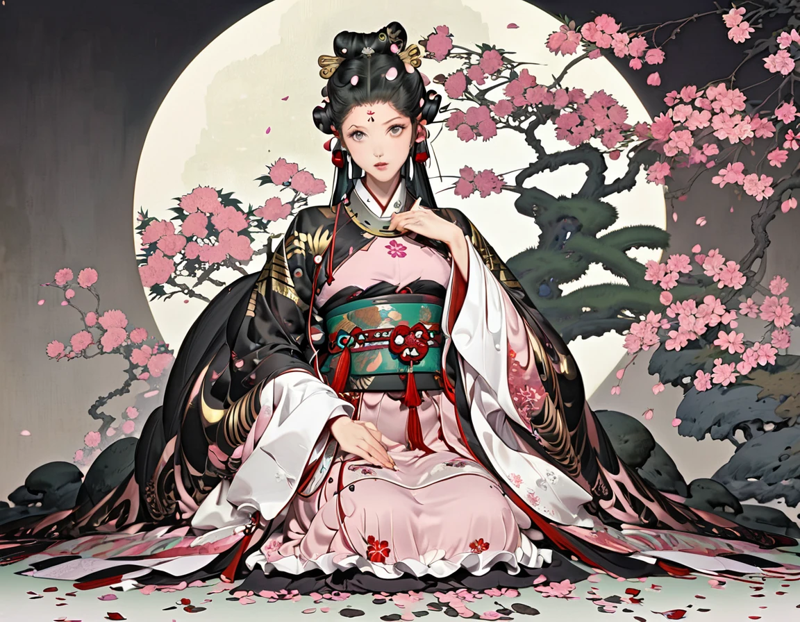 A woman in a kimono sitting on the floor、Twelve-layered kimono,The dress is pale pink.、The collar is layered in the same color.、Long, straight, glossy black hair with no accessories that reaches down to her waist、Fold your hands on your stomach、palace、Heian picture scroll style、Beautiful artwork、sakura petals around her、8k、Flowing cherry-pink silk